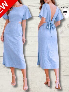 Cider Midi Dress – Size L – NEW WITH TAG – Light Blue Tie Back